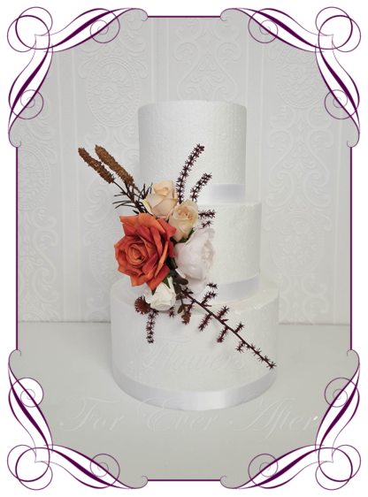 Silk artificial wedding engagement birthday cake flowers decoration. Rust burnt orange, mustard gold, cream romantic rose and white floral cake design. Made in Melbourne. Buy online