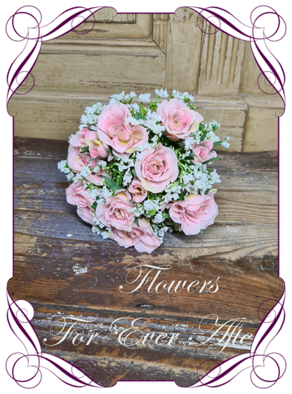 Silk artificial simple flower girl posy bouquet with light pink blush roses and baby's breath gyp. Buy online. Shipping world wide