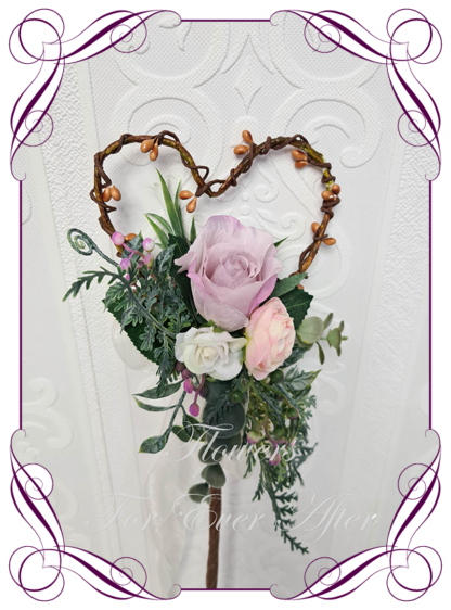 Silk artificial flower girl wand wedding flowers. Lavender rose and pink in a twine heart. Made in Melbourne. Shipping worldwide. Buy online wedding flowers.