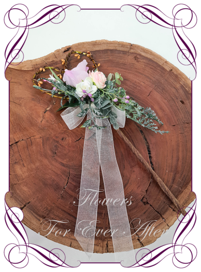 Silk artificial flower girl wand wedding flowers. Lavender rose and pink in a twine heart. Made in Melbourne. Shipping worldwide. Buy online wedding flowers.