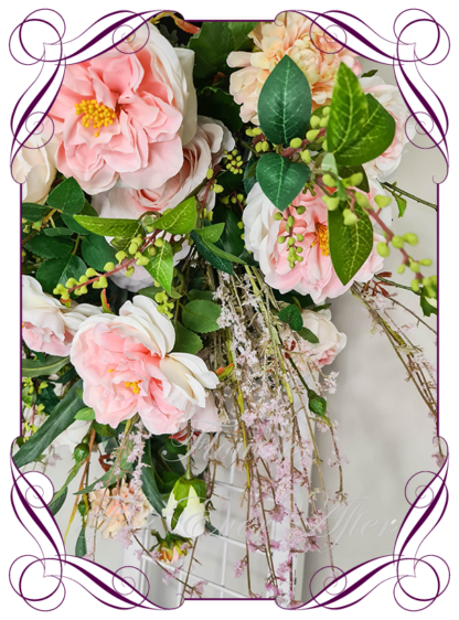 Silk artificial ceremony florals in pink white and cream wedding flowers wedding arbor arch background decoration. Roses and peonies wedding ceremony silk wedding florals, unusual romantic realistic fake wedding decoration design. Bridal table centrepiece flowers. Made in Melbourne Australia. Buy online..