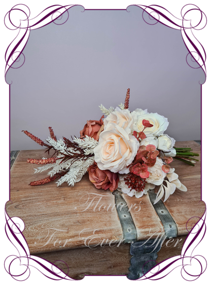 A Gorgeous Silk Artificial rosey burnt orange sepia cream roses ranunculus an peony Bouquet posy, featuring faux flowers a romantic rustic luxe and unusual bridesmaid style, boho flowers, traditional wedding bouquets. Made in Melbourne by Australia's Best Artificial Bridal Florist. Worldwide Shipping available