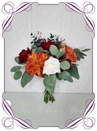 A Gorgeous Silk Artificial rustic orange and red native gum foliage bridesmaid Bouquet posy, featuring faux flowers in a romantic rustic elegant and unusual bridal style, roses and dahlia wedding flowers, native rustic wedding, boho flowers, traditional wedding bouquets. Made in Melbourne by Australia's Best Artificial Bridal Florist. Worldwide Shipping available