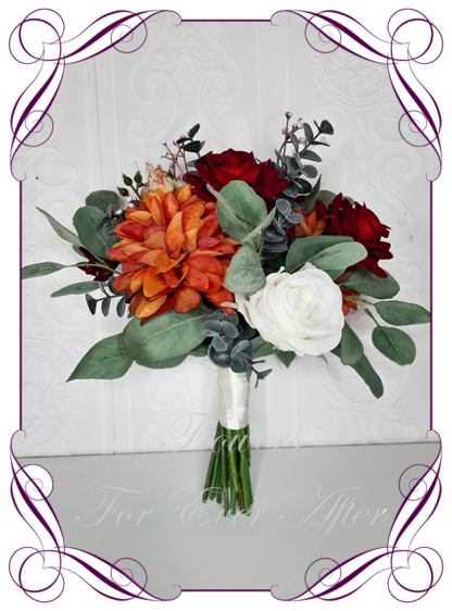 A Gorgeous Silk Artificial rustic orange and red native gum foliage bridesmaid Bouquet posy, featuring faux flowers in a romantic rustic elegant and unusual bridal style, roses and dahlia wedding flowers, native rustic wedding, boho flowers, traditional wedding bouquets. Made in Melbourne by Australia's Best Artificial Bridal Florist. Worldwide Shipping available