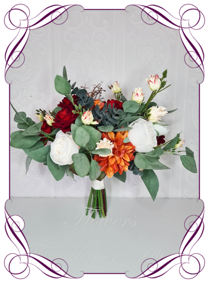 A Gorgeous Silk Artificial rustic orange and red native gum foliage bridal Bouquet posy, featuring faux flowers in a romantic rustic elegant and unusual bridal style, roses and dahlia wedding flowers, native rustic wedding, boho flowers, traditional wedding bouquets. Made in Melbourne by Australia's Best Artificial Bridal Florist. Worldwide Shipping available