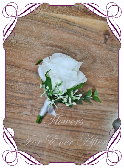 Classic white silk artificial gents wedding formal button boutonniere with babys breath. Father of the bride groom. Prom lapel flowers. Made in Melbourne, Australian silk florist.