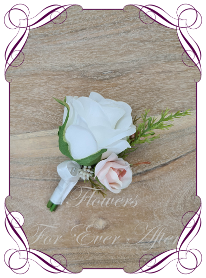 Classic white and blush silk artificial gents wedding formal button boutonniere with babys breath. Father of the bride groom. Prom lapel flowers. Made in Melbourne, Australian silk florist.