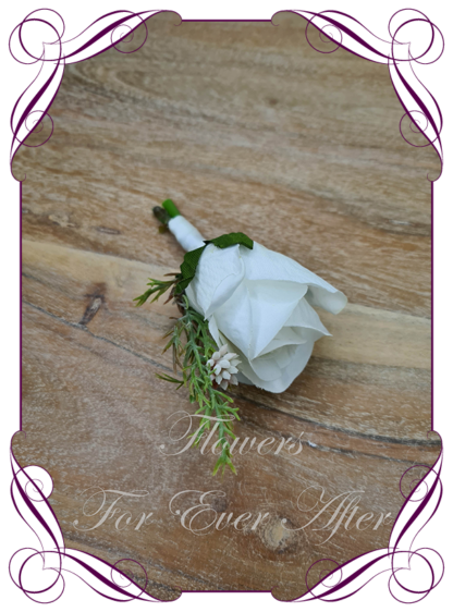 Classic white and blush silk artificial gents wedding formal button boutonniere with babys breath. Father of the bride groom. Prom lapel flowers. Made in Melbourne, Australian silk florist.