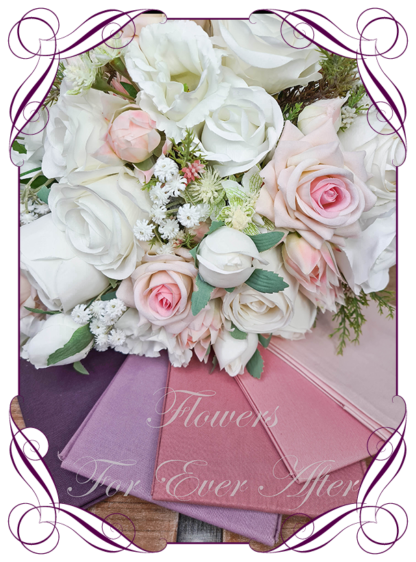 Silk artificial romantic classic elegant bridal tear bouquet in blush pink and white bridal flowers. Made in Melbourne Australia by Australia's best silk florist. Buy online. Shipping worldwide. Princess tear wedding florals. Realisitic fake wedding flowers. Cheap wedding bouquets.