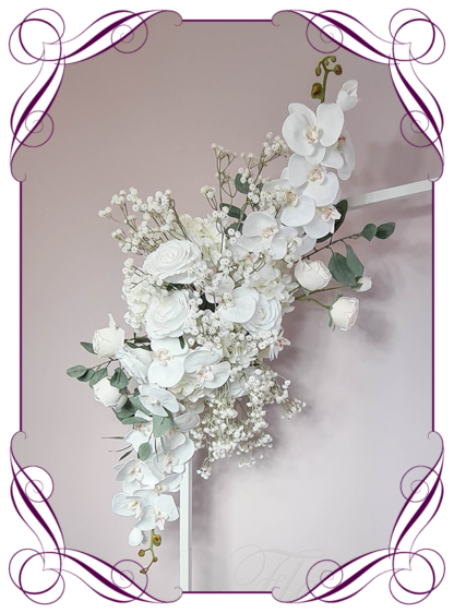 Wedding arbor ceremony flowers, artificial flower décor all white modern, luxe, romantic, wedding ceremony flowers, wedding arbor arch background decoration. Silk orchid and white roses, baby's breath, silk wedding florals, unusual romantic realistic fake wedding decoration design. Made in Melbourne Australia. Buy online..