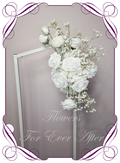 Wedding arbor ceremony flowers, artificial flower décor all white modern, luxe, romantic, wedding ceremony flowers, wedding arbor arch background decoration. Silk orchid and white roses silk wedding florals, unusual romantic realistic fake wedding decoration design. Made in Melbourne Australia. Buy online..