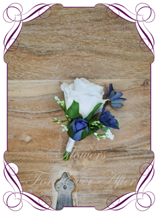 Classic white and navy blue silk artificial gents wedding formal button boutonniere with babys breath. Father of the bride groom. Prom lapel flowers. Made in Melbourne, Australian silk florist.