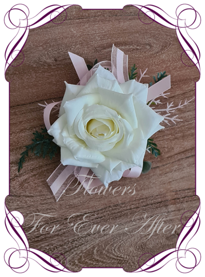 Silk artificial ivory white and blush ladies corsage wrist corsage, for wedding mother of the bride groom, formal corsage, dance deb debutante corsage, prom corsage. Made in Melbourne Australia. Buy online.