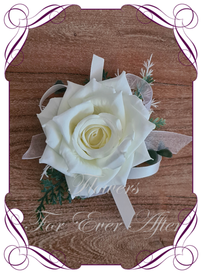 Silk artificial ivory white ladies corsage wrist corsage, for wedding mother of the bride groom, formal corsage, dance deb debutante corsage, prom corsage. Made in Melbourne Australia. Buy online.