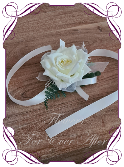 Silk artificial ivory white ladies corsage wrist corsage, for wedding mother of the bride groom, formal corsage, dance deb debutante corsage, prom corsage. Made in Melbourne Australia. Buy online.