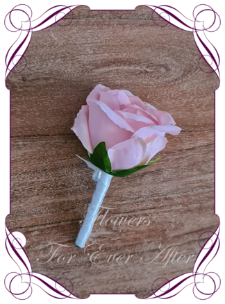 Men's lapel flowers blush pink, silk, artificial gents wedding formal button boutonniere. Father of the bride groom. Prom lapel flowers. Made in Melbourne, Australian silk florist. Buy Online.
