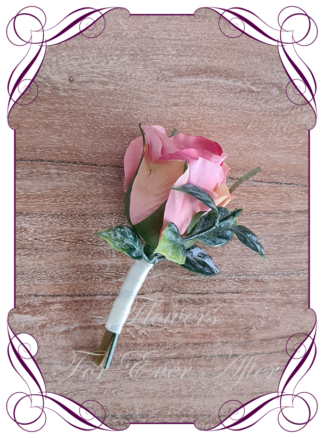 Silk artificial groom groomsman gents wedding formal button boutonniere. Father of the bride groom. Prom lapel flowers. Made in Melbourne, Australian silk florist.