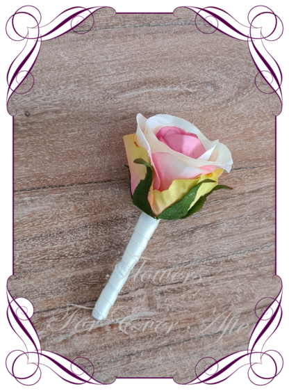 Silk artificial groom groomsman gents wedding formal button boutonniere. Father of the bride groom. Prom lapel flowers. Made in Melbourne, Australian silk florist.