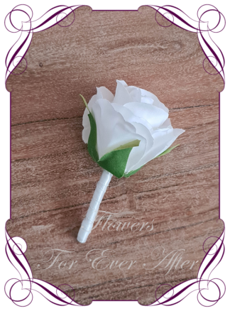 Classic white silk artificial gents wedding formal button boutonniere. Father of the bride groom. Prom lapel flowers. Made in Melbourne, Australian silk florist.