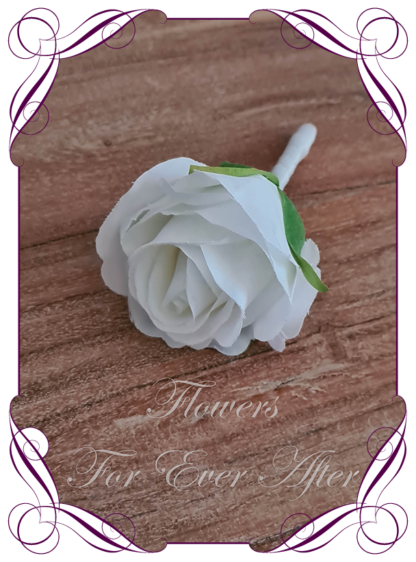 Classic white silk artificial gents wedding formal button boutonniere. Father of the bride groom. Prom lapel flowers. Made in Melbourne, Australian silk florist.