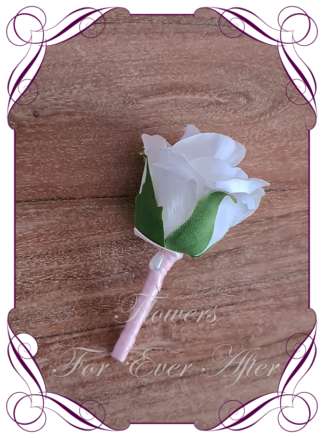 Classic white with blush pink silk artificial gents wedding formal button boutonniere. Father of the bride groom. Prom lapel flowers. Made in Melbourne, Australian silk florist.