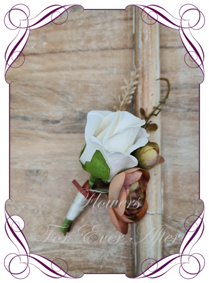 Groomsman lapel flower, featuring faux white with rust. Artificial gents wedding formal button boutonniere. Groom, Groomsman, Father of the bride groom. Prom lapel flowers. Made in Melbourne, Australian silk florist. Buy online now.