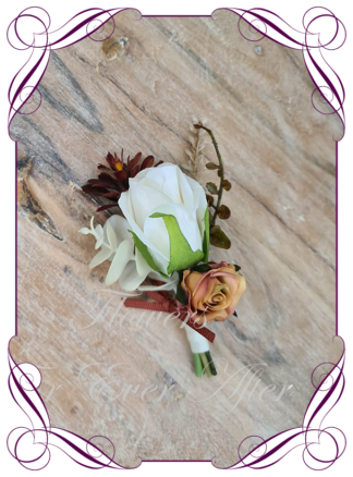 Grooms lapel flower, featuring faux white with rust. Artificial gents wedding formal button boutonniere. Groom, Groomsman, Father of the bride groom. Prom lapel flowers. Made in Melbourne, Australian silk florist. Buy online now.