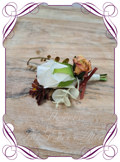 Grooms lapel flower, featuring faux white with rust. Artificial gents wedding formal button boutonniere. Groom, Groomsman, Father of the bride groom. Prom lapel flowers. Made in Melbourne, Australian silk florist.