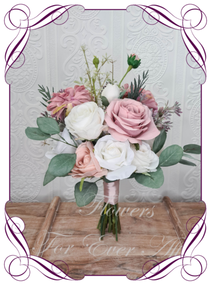 Realistic artificial bridesmaids bouquets in dusty pink, dusty mauve and white roses dahlia and gum natives. Bridesmaid Bouquet posy, featuring faux flowers Australian native sage green gum leaves in a romantic elegant and unusual bridal style, classic white and dusty pink wedding flowers, native rustic wedding, boho flowers, traditional wedding bouquets. Made in Melbourne by Australia's Best Artificial Bridal Florist. Worldwide Shipping available. Buy now online.