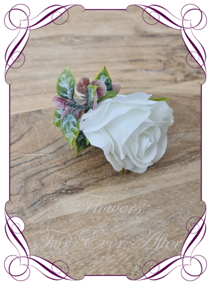 Groomsmen, Men's lapel flower in classic white with dusty mauve pink silk flowers. Artificial gents wedding formal button boutonniere. Groom, Groomsman, Father of the bride groom. Prom lapel flowers. Made in Melbourne, Australian silk florist. Buy online now.