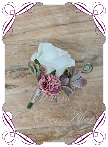 Men's lapel flower in classic white with dusty mauve pink silk flowers. Artificial gents wedding formal button boutonniere. Groom, Groomsman, Father of the bride groom. Prom lapel flowers. Made in Melbourne, Australian silk florist. Buy online now.