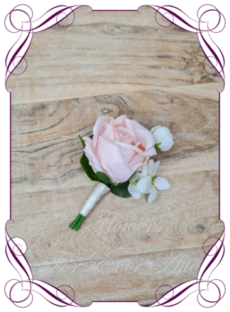 Groomsman wedding flowers classic white with blush pink silk artificial gents wedding formal button boutonniere. Groom, Groomsman, Father of the bride groom. Prom lapel flowers. Made in Melbourne, Australian silk florist. Buy online Now.