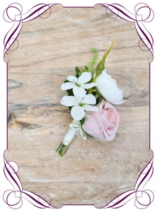 Grooms wedding flowers classic white with blush pink silk artificial gents wedding formal button boutonniere. Groom, Groomsman, Father of the bride groom. Prom lapel flowers. Made in Melbourne, Australian silk florist. Buy online Now.