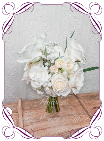 Artificial flower Bridesmaid bouquet featuring faux white roses and native flowers. Bridesmaid posy, featuring faux flowers Australian native foliage in a romantic elegant and unusual bridal style, classic white and cream wedding flowers, modern, luxe, traditional wedding bouquets. Made in Melbourne by Australia's Best Artificial Bridal Florist. Worldwide Shipping available