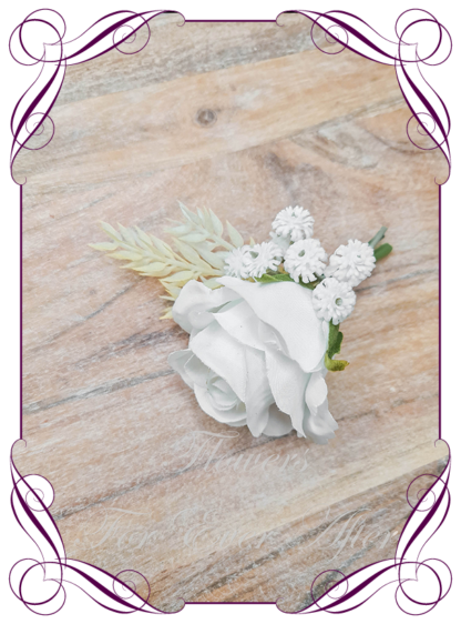 Men's wedding flowers faux classic white silk artificial groom gents wedding formal button boutonniere with blush. Made in Melbourne Australia