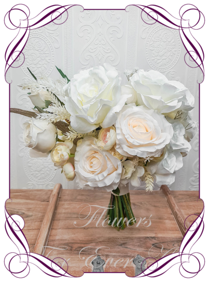 Artificial brides flowers in champagne cream and white faux roses natives. Silk Bridal Bouquet posy, featuring faux flowers Australian native foliage in a romantic elegant and unusual bridal style, classic white and cream wedding flowers, modern, luxe, traditional wedding bouquets. Made in Melbourne by Australia's Best Artificial Bridal Florist. Worldwide Shipping available