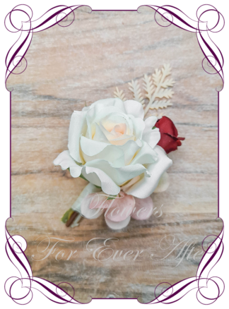 Grooms wedding flower in faux blush champagne and red. Silk artificial gents wedding formal button boutonniere with roses and cream foliage. Made in Melbourne Australia. Buy online now.