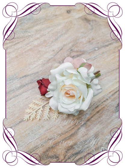 Grooms wedding flower in faux blush champagne and red. Silk artificial gents wedding formal button boutonniere with roses and cream foliage. Made in Melbourne Australia. Buy online now.