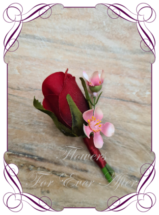 Mens wedding flower in faux blush champagne and red. Silk artificial gents wedding formal button boutonniere with roses and cream foliage. Made in Melbourne Australia. Buy online now.