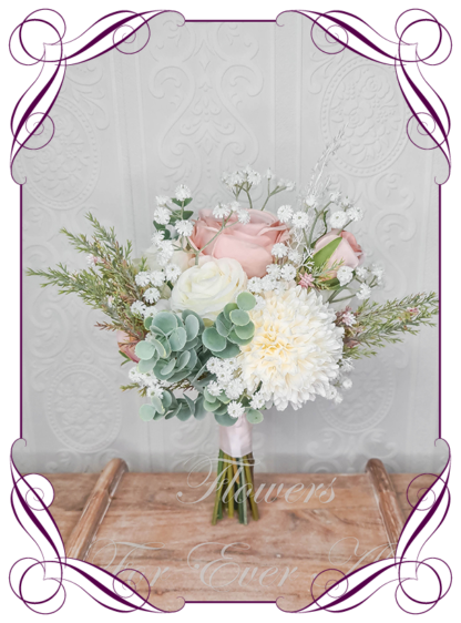 Artificial Bridesmaids flowers in faux blush pink, dusty pink and white roses dahlia with gum natives. Silk Bridesmaids Bouquet posy, featuring faux flowers Australian native sage green gum leaves in a romantic elegant and unusual bridal style, classic white and dusty pink wedding flowers, native rustic wedding, boho flowers, traditional wedding bouquets. Made in Melbourne by Australia's Best Artificial Bridal Florist. Buy now Online. Worldwide Shipping available