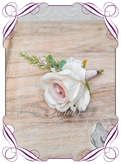 Men's wedding flower blush silk artificial Grooms wedding formal button boutonniere. Made in Melbourne Australia. Buy Online Now. Worldwide Shipping available.