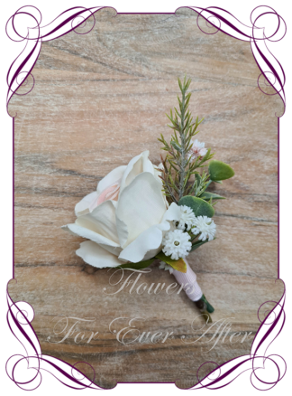 Men's wedding flower blush silk artificial gents wedding formal button boutonniere. Made in Melbourne Australia. Buy Online Now. Worldwide Shipping available.