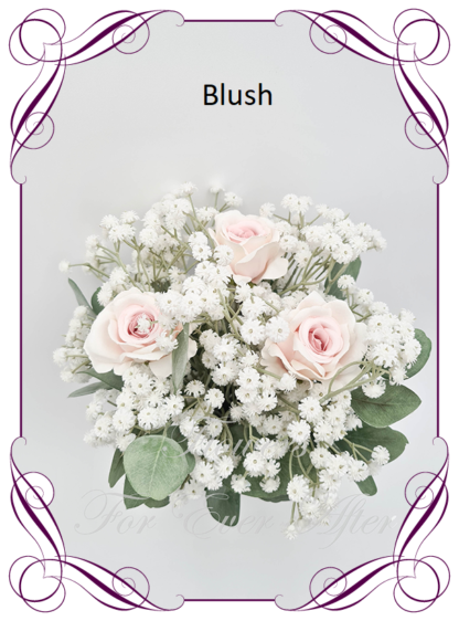 Artificial flower Luxe Bridesmaid bouquet featuring faux baby's breath, roses, and foliage. Bridesmaid posy, featuring faux flowers in a romantic elegant and unusual bridal style, classic white and blush pink wedding flowers, rustic, luxe, traditional wedding bouquets. Made in Melbourne by Australia's Best Artificial Bridal Florist. Worldwide Shipping available