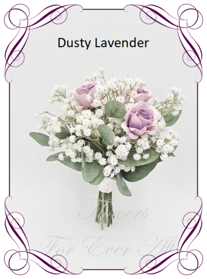 Artificial flower Luxe Bridesmaid bouquet featuring faux baby's breath, roses, and foliage. Bridesmaid posy, featuring faux flowers in a romantic elegant and unusual bridal style, classic white and dusty mauve lavender wedding flowers, rustic, luxe, traditional wedding bouquets. Made in Melbourne by Australia's Best Artificial Bridal Florist. Worldwide Shipping available