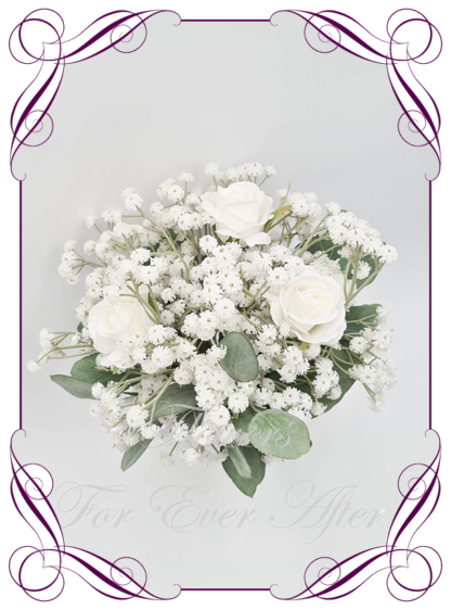 Artificial flower Luxe Bridesmaid bouquet featuring faux baby's breath, roses, and foliage. Bridesmaid posy, featuring faux flowers in a romantic elegant and unusual bridal style, classic white wedding flowers, rustic, luxe, traditional wedding bouquets. Made in Melbourne by Australia's Best Artificial Bridal Florist. Worldwide Shipping available