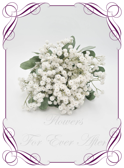 Artificial flower Luxe Bridesmaid bouquet featuring faux baby's breath and foliage. Bridesmaid posy, featuring faux flowers in a romantic elegant and unusual bridal style, classic white and ivory wedding flowers, rustic, luxe, traditional wedding bouquets. Made in Melbourne by Australia's Best Artificial Bridal Florist. Worldwide Shipping available