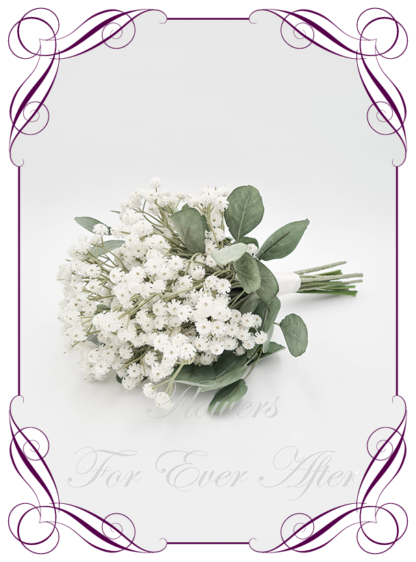 Artificial flower Luxe Bridesmaid bouquet featuring faux baby's breath and foliage. Bridesmaid posy, featuring faux flowers in a romantic elegant and unusual bridal style, classic white and ivory wedding flowers, rustic, luxe, traditional wedding bouquets. Made in Melbourne by Australia's Best Artificial Bridal Florist. Worldwide Shipping available
