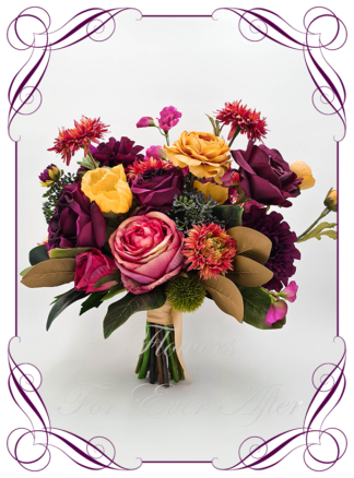 Silk Bridal Bouquet in realistic plum burgundy, yellow, magenta pink and green flowers. Bridal posy, featuring artificial roses, peonies, dahlia, ranunculus, poppies, sweet pea flowers in a romantic elegant and unusual bridal style modern luxe wedding bouquets. Made in Melbourne by Australia's Best Artificial Bridal Florist. Buy online now. Worldwide Shipping available