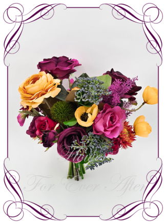 Silk Bridesmaid Bouquet in realistic plum burgundy, yellow, magenta pink and green flowers. Bridal posy, featuring artificial roses, peonies, dahlia, ranunculus, poppies, sweet pea flowers in a romantic elegant and unusual bridal style modern luxe wedding bouquets. Made in Melbourne by Australia's Best Artificial Bridal Florist. Buy online now. Worldwide Shipping available