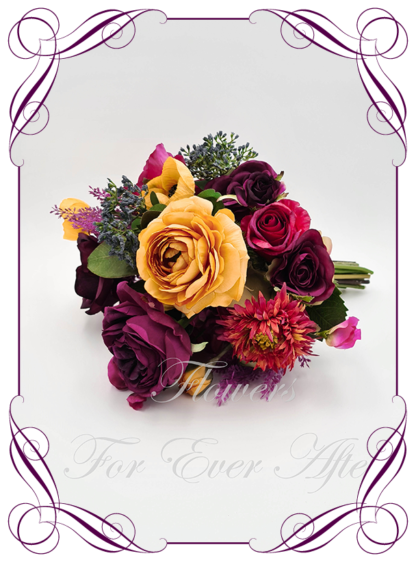 Silk Bridesmaid Bouquet in realistic plum burgundy, yellow, magenta pink and green flowers. Bridal posy, featuring artificial roses, peonies, dahlia, ranunculus, poppies, sweet pea flowers in a romantic elegant and unusual bridal style modern luxe wedding bouquets. Made in Melbourne by Australia's Best Artificial Bridal Florist. Buy online now. Worldwide Shipping available